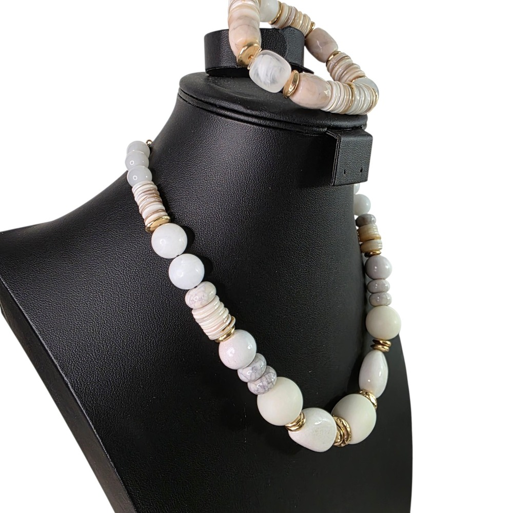 Chicos Chunky Necklace Mother of Pearl Gemstone Jewelry Set Coastal Boho Beachy - Picture 3 of 6